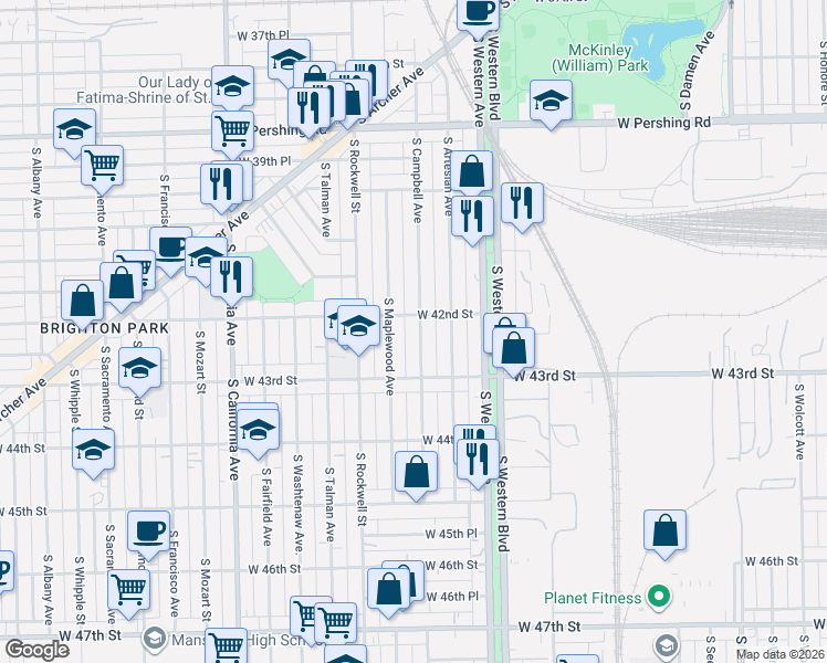 map of restaurants, bars, coffee shops, grocery stores, and more near 4213 South Campbell Avenue in Chicago