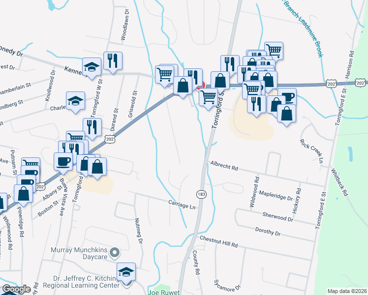 map of restaurants, bars, coffee shops, grocery stores, and more near 159 Greenridge Road in Torrington