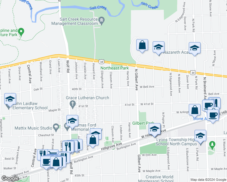 map of restaurants, bars, coffee shops, grocery stores, and more near 4021 Clausen Avenue in Western Springs