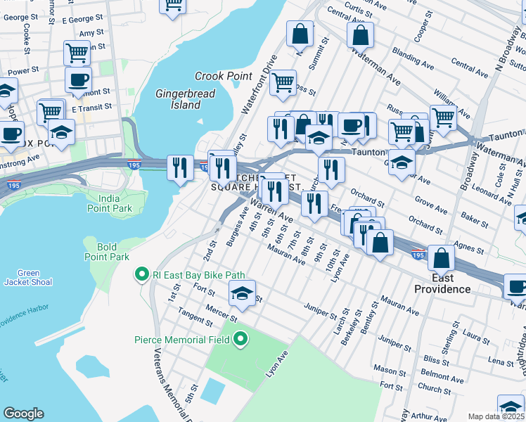 map of restaurants, bars, coffee shops, grocery stores, and more near 83 Warren Avenue in East Providence