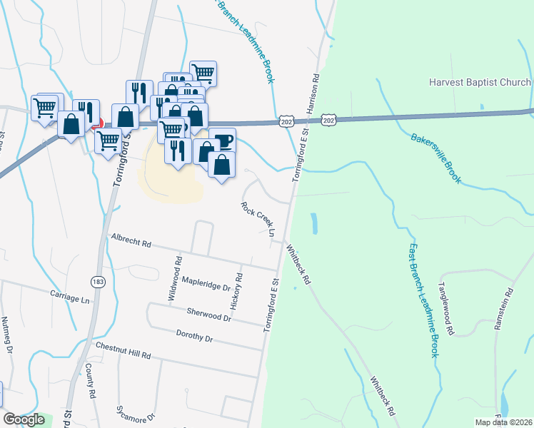 map of restaurants, bars, coffee shops, grocery stores, and more near 80 Rock Creek Lane in Torrington