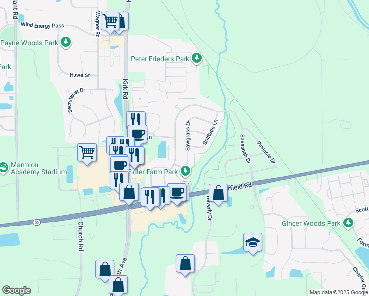 map of restaurants, bars, coffee shops, grocery stores, and more near 3038 Sawgrass Drive in Aurora