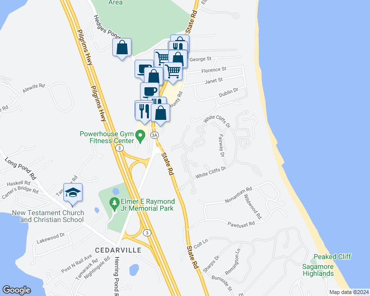 map of restaurants, bars, coffee shops, grocery stores, and more near 30 Westcliff Drive in Plymouth