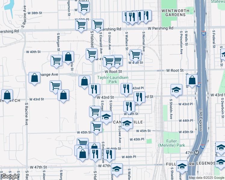 map of restaurants, bars, coffee shops, grocery stores, and more near 4219 South Union Avenue in Chicago