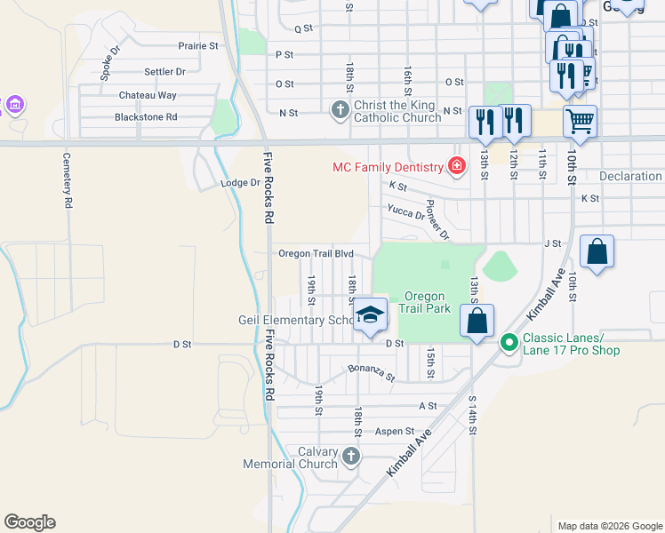 map of restaurants, bars, coffee shops, grocery stores, and more near Westwood Drive in Gering