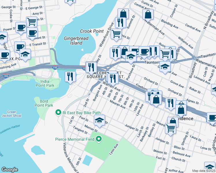 map of restaurants, bars, coffee shops, grocery stores, and more near 83 Warren Avenue in East Providence