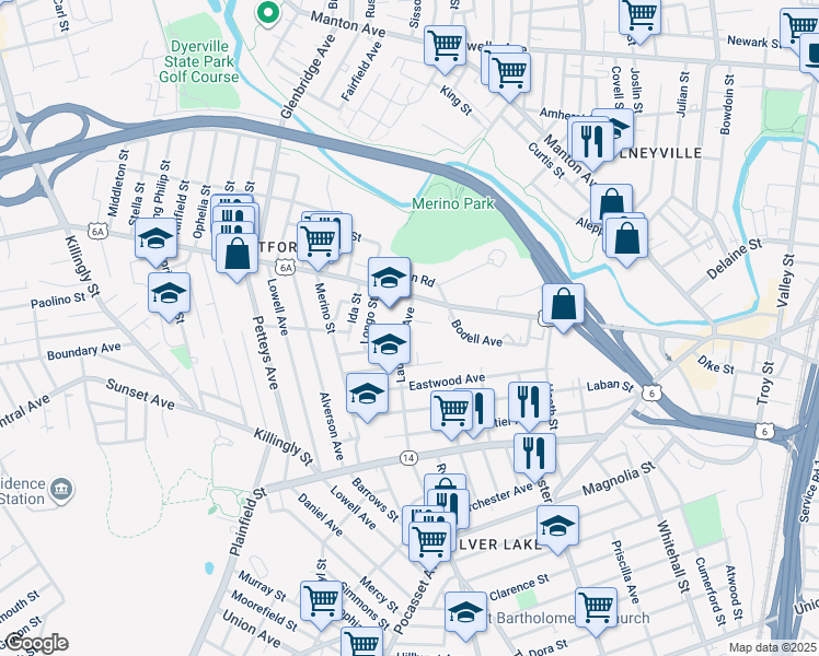 map of restaurants, bars, coffee shops, grocery stores, and more near 40 Laurel Hill Avenue in Providence