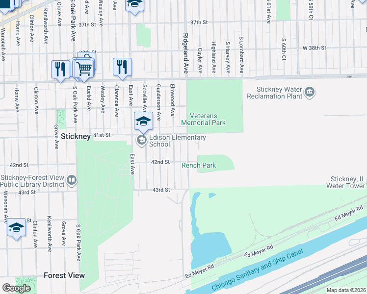 map of restaurants, bars, coffee shops, grocery stores, and more near 4122 Ridgeland Ave in Stickney