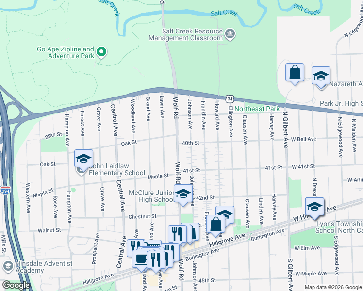 map of restaurants, bars, coffee shops, grocery stores, and more near 4017 Wolf Road in Western Springs