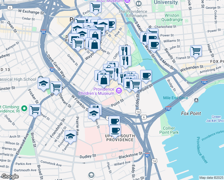 map of restaurants, bars, coffee shops, grocery stores, and more near 100 Elm Street in Providence
