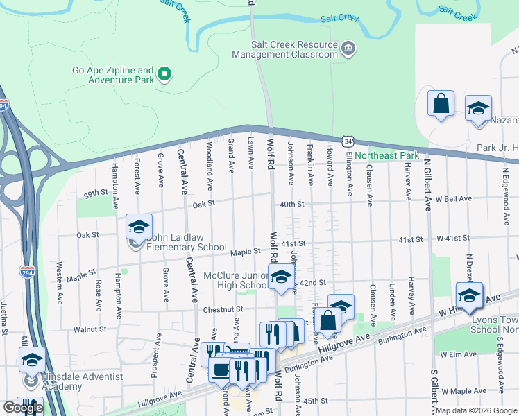 map of restaurants, bars, coffee shops, grocery stores, and more near 4017 Lawn Avenue in Western Springs