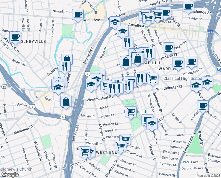 map of restaurants, bars, coffee shops, grocery stores, and more near 114 Tobey Street in Providence