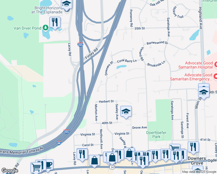 map of restaurants, bars, coffee shops, grocery stores, and more near 3835 Downers Drive in Downers Grove