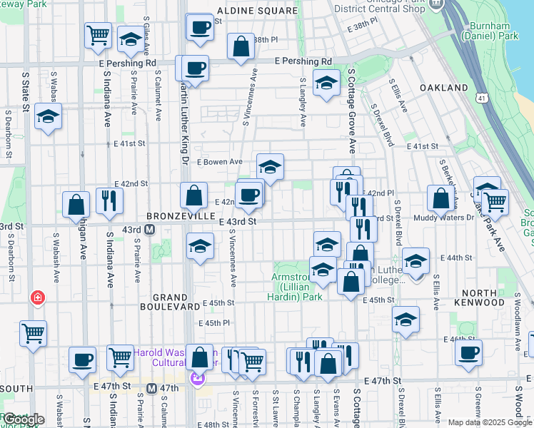 map of restaurants, bars, coffee shops, grocery stores, and more near 4250 South Saint Lawrence Avenue in Chicago