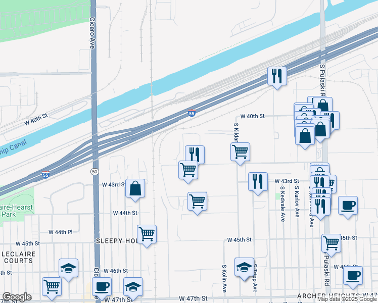 map of restaurants, bars, coffee shops, grocery stores, and more near 4500 West 42nd Place in Chicago