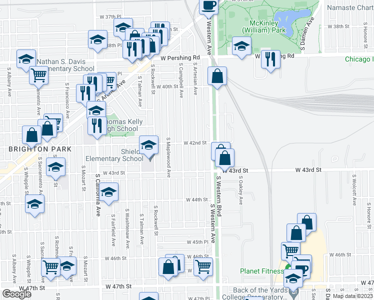 map of restaurants, bars, coffee shops, grocery stores, and more near 4213 South Campbell Avenue in Chicago
