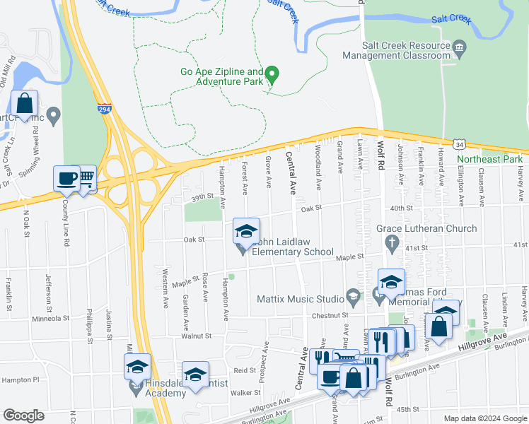 map of restaurants, bars, coffee shops, grocery stores, and more near 3948 Grove Avenue in Western Springs