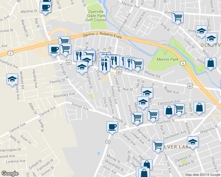 map of restaurants, bars, coffee shops, grocery stores, and more near 150 Petteys Avenue in Providence