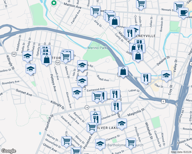 map of restaurants, bars, coffee shops, grocery stores, and more near 18 Bodell Avenue in Providence