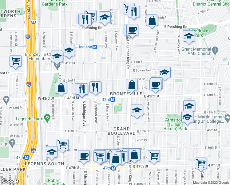 map of restaurants, bars, coffee shops, grocery stores, and more near 4242 South Calumet Avenue in Chicago
