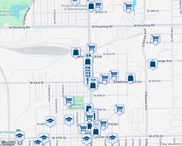 map of restaurants, bars, coffee shops, grocery stores, and more near 1599 West 42nd Place in Chicago