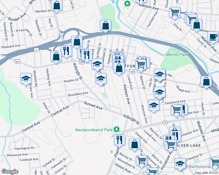 map of restaurants, bars, coffee shops, grocery stores, and more near 100 Eliza Street in Providence