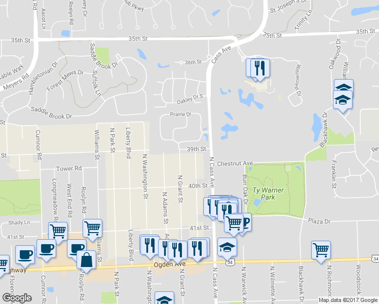 map of restaurants, bars, coffee shops, grocery stores, and more near 3900 Lincoln Street in Westmont