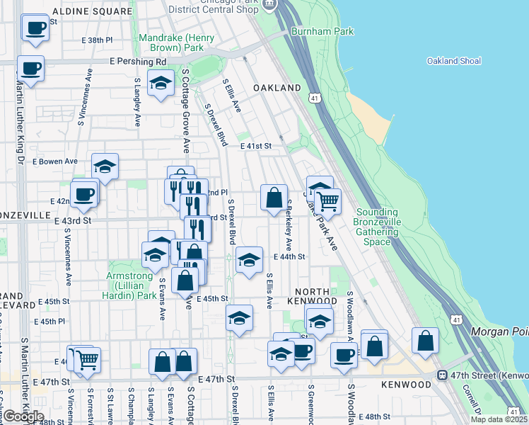 map of restaurants, bars, coffee shops, grocery stores, and more near 1000 East 43rd Street in Chicago