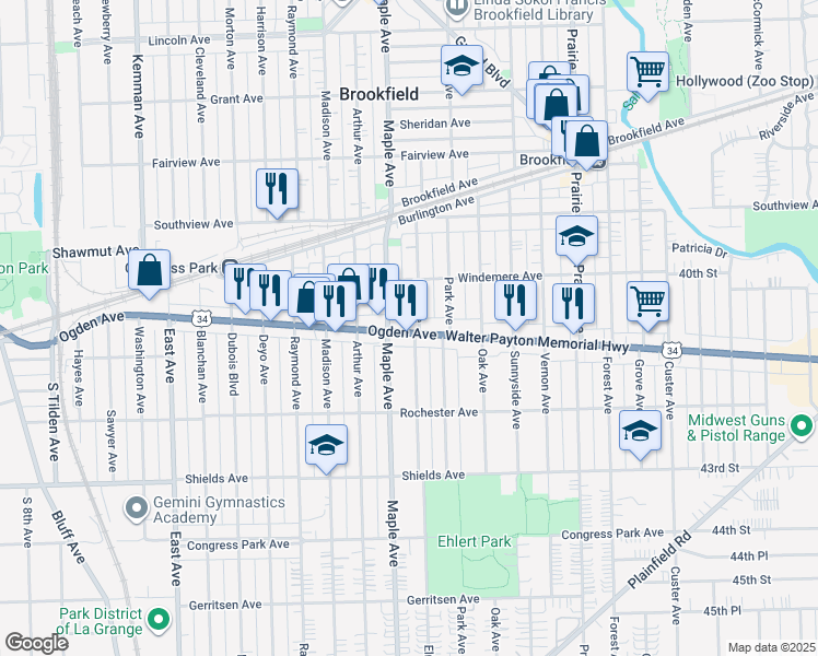 map of restaurants, bars, coffee shops, grocery stores, and more near 9124 Ogden Avenue in Brookfield
