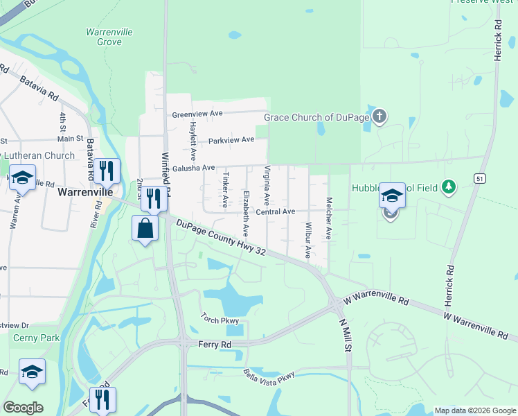 map of restaurants, bars, coffee shops, grocery stores, and more near 27W650 Central Avenue in Warrenville