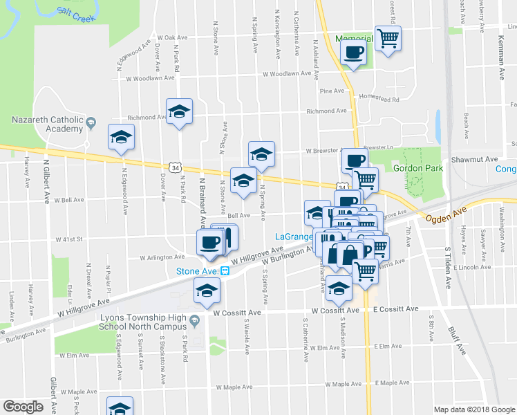 map of restaurants, bars, coffee shops, grocery stores, and more near 106 North Spring Avenue in La Grange