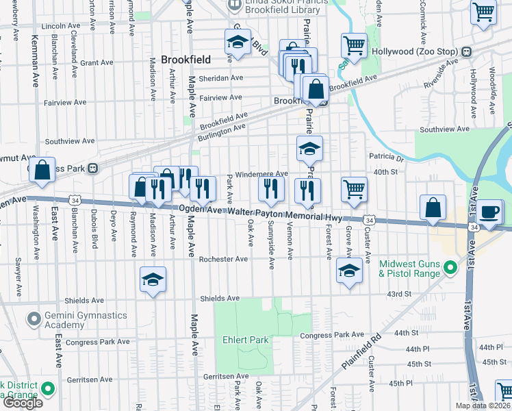 map of restaurants, bars, coffee shops, grocery stores, and more near 9018 Ogden Avenue in Brookfield