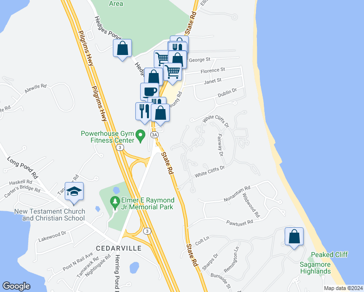 map of restaurants, bars, coffee shops, grocery stores, and more near 30 Westcliff Drive in Plymouth