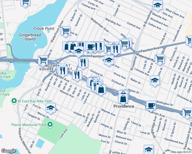 map of restaurants, bars, coffee shops, grocery stores, and more near 14 Lyon Avenue in East Providence