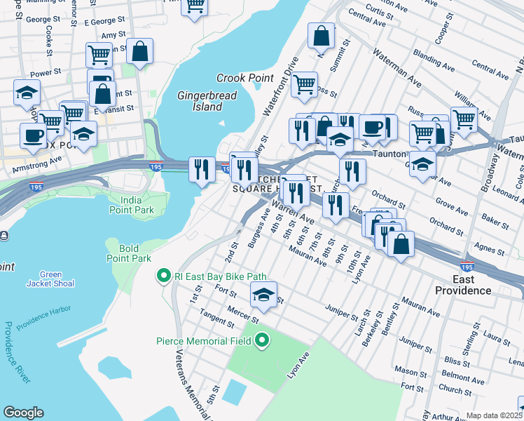 map of restaurants, bars, coffee shops, grocery stores, and more near 14 Burgess Avenue in East Providence