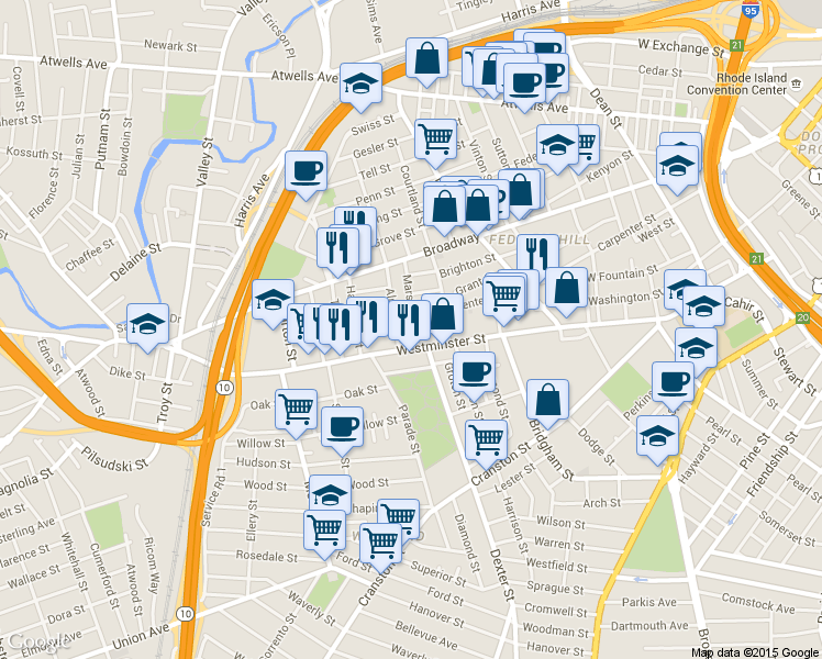 map of restaurants, bars, coffee shops, grocery stores, and more near in Providence