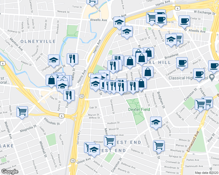 map of restaurants, bars, coffee shops, grocery stores, and more near 49 Bainbridge Avenue in Providence
