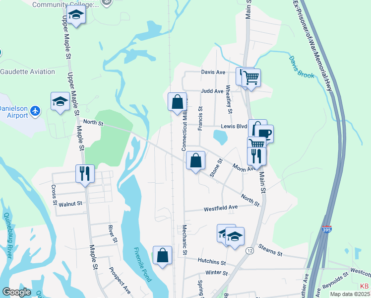 map of restaurants, bars, coffee shops, grocery stores, and more near 139 Morin Avenue in Killingly