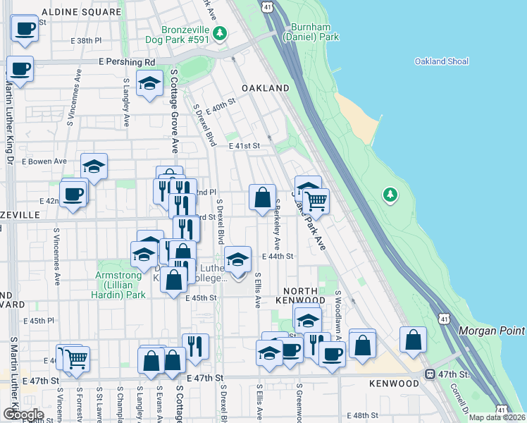 map of restaurants, bars, coffee shops, grocery stores, and more near 1000 East 43rd Street in Chicago