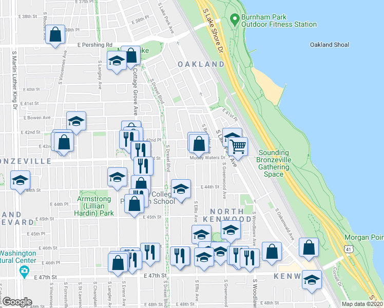 map of restaurants, bars, coffee shops, grocery stores, and more near 1000 East 43rd Street in Chicago