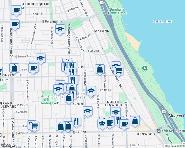 map of restaurants, bars, coffee shops, grocery stores, and more near 920 East 43rd Street in Chicago