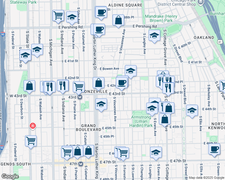 map of restaurants, bars, coffee shops, grocery stores, and more near 440 East 43rd Street in Chicago