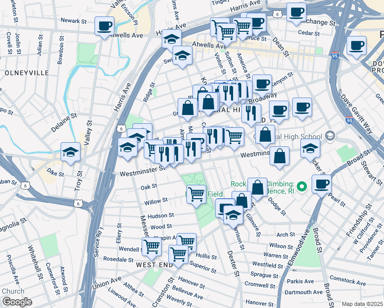 map of restaurants, bars, coffee shops, grocery stores, and more near in Providence