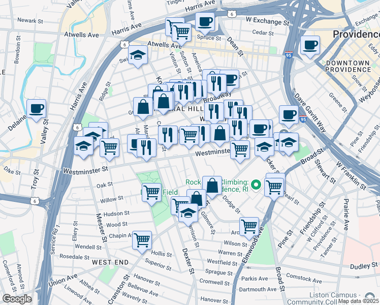 map of restaurants, bars, coffee shops, grocery stores, and more near 1187 Westminster Street in Providence