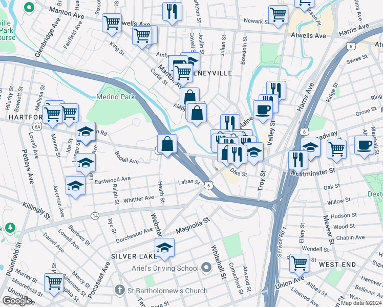 map of restaurants, bars, coffee shops, grocery stores, and more near 95 Hartford Avenue in Providence