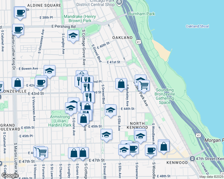 map of restaurants, bars, coffee shops, grocery stores, and more near 920 East 43rd Street in Chicago