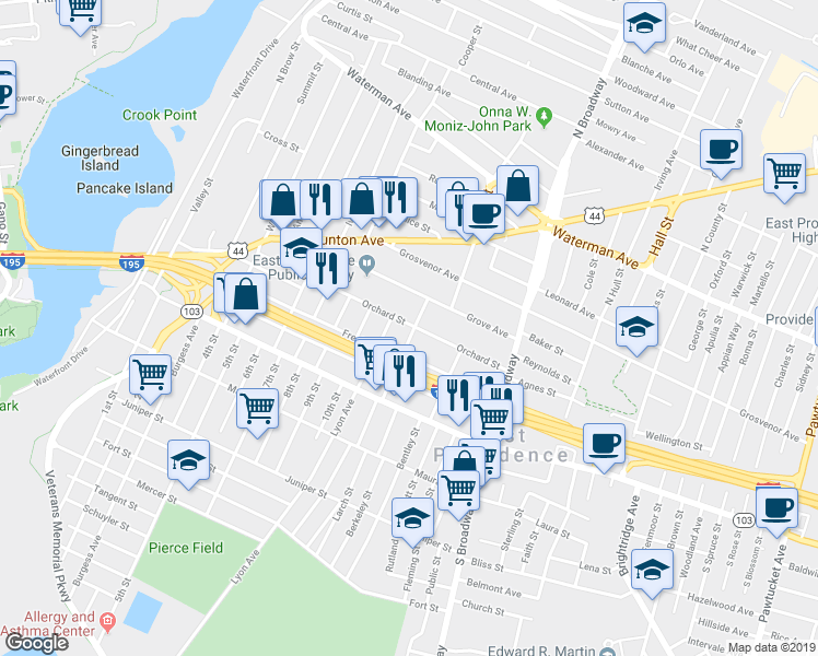 map of restaurants, bars, coffee shops, grocery stores, and more near 68 North Carpenter Street in East Providence