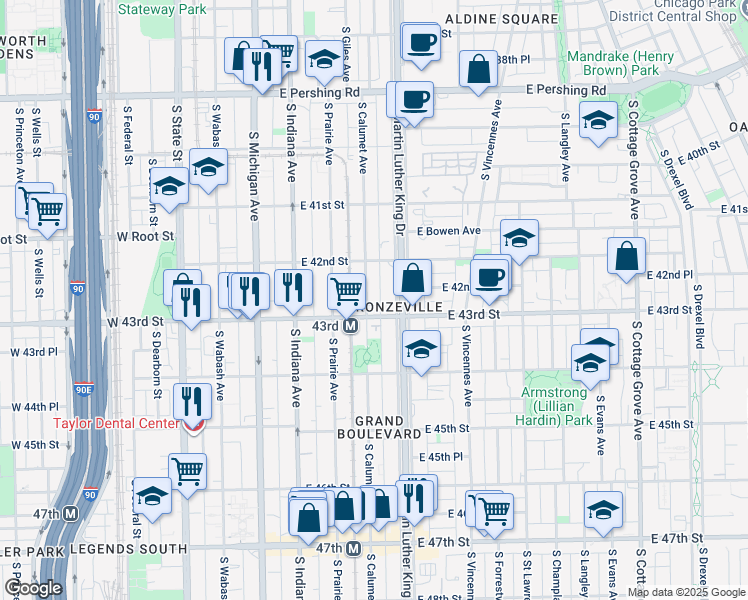 map of restaurants, bars, coffee shops, grocery stores, and more near 4245 South Calumet Avenue in Chicago