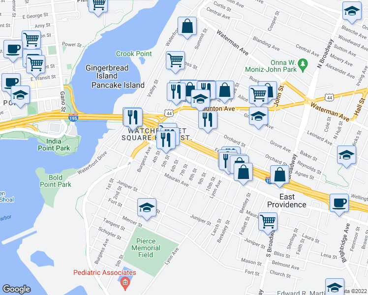map of restaurants, bars, coffee shops, grocery stores, and more near 85 School Street in East Providence