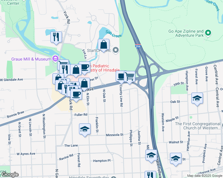 map of restaurants, bars, coffee shops, grocery stores, and more near 420 East Ogden Avenue in Hinsdale